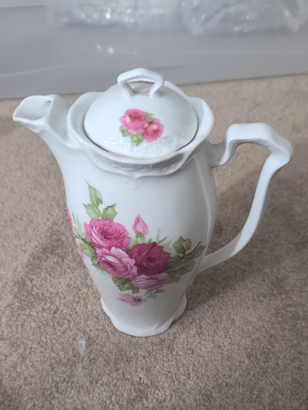 Vintage Mid 20 Century White Porcelain Coffee Pot with Pink Rose Floral Design
